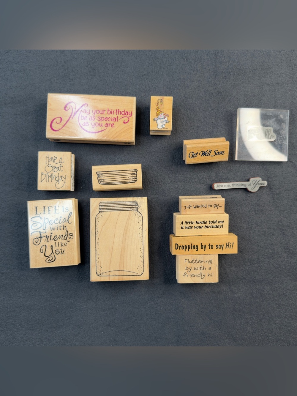 Craft Rubber Stamp Lot 11pc Wooden Acrylic Birthday Friendship Mason Jar Mixed